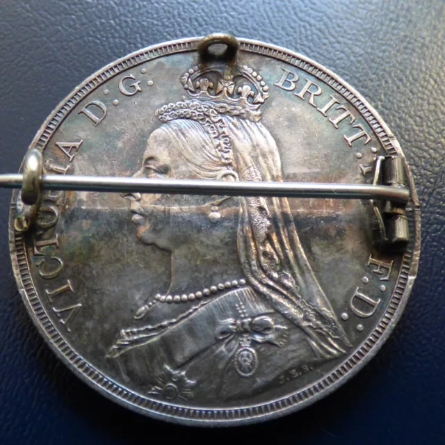 1887 Queen Victoria Sterling Silver Crown Coin Brooch/ Pendant High Grade 3