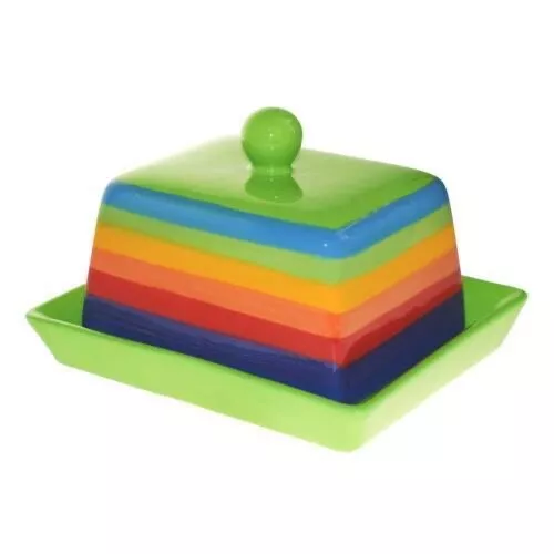 Rainbow Design Hand Painted Ceramic Butter Dish with Lid