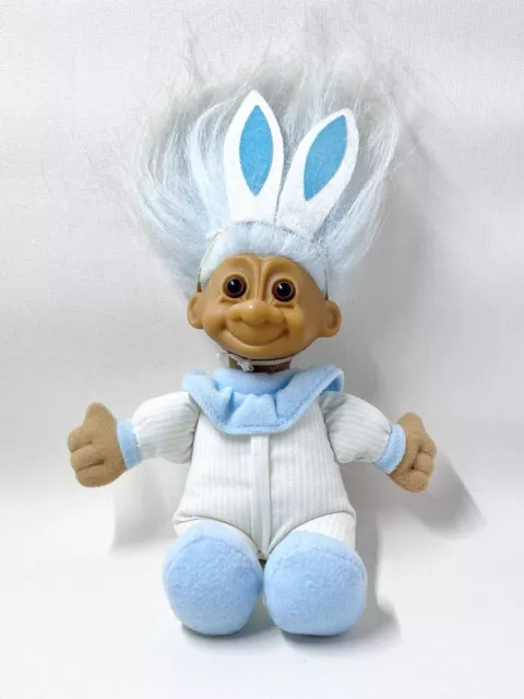 Russ Easter Bunny Troll Blue Striped Suit Blue Hair Soft Body Rabbit Troll 6.5”