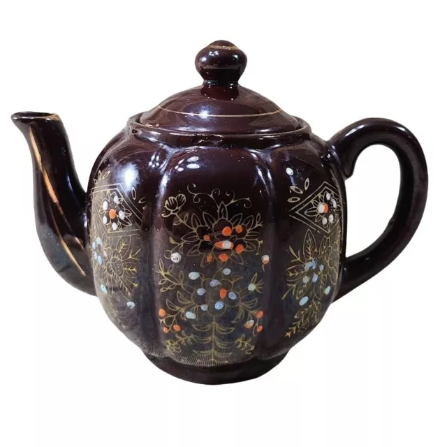 Vintage Hand Painted Ceramic Teapot Brown Glazed Gold Trim Floral Design Japan