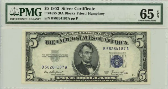 1953 $5 Silver Certificate Blue Seal Fr# 1655 PMG Gem65 EPQ