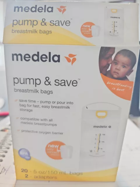 Medela Pump & Save Breastmilk Bags (20 count w/2 adapters) New