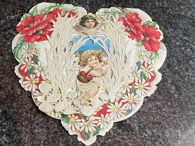 Cherub Angel Antique Victorian Valentine's Day Card Die Cut Lace Heart, 1916