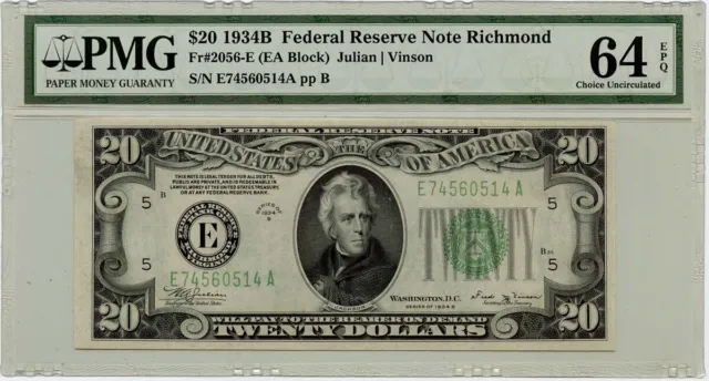 1934B $20 Federal Reserve Note Richmond FR#2056E PMG CU64 EPQ