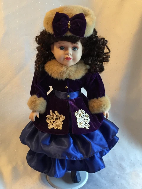 WINTER PRINCESS PORCELAIN DOLL 17” BROWN CURLS BLUE EYES Purple Velvet Fur Dress