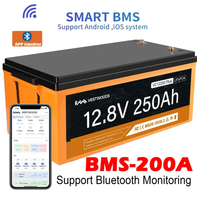 12V 250Ah 200A BMS LiFePO4 Bluetooth Lithium Battery for RV Solar Home Marine