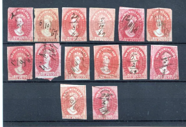 Tasmania one penny Victoria 14 stamps lot on a stockcard