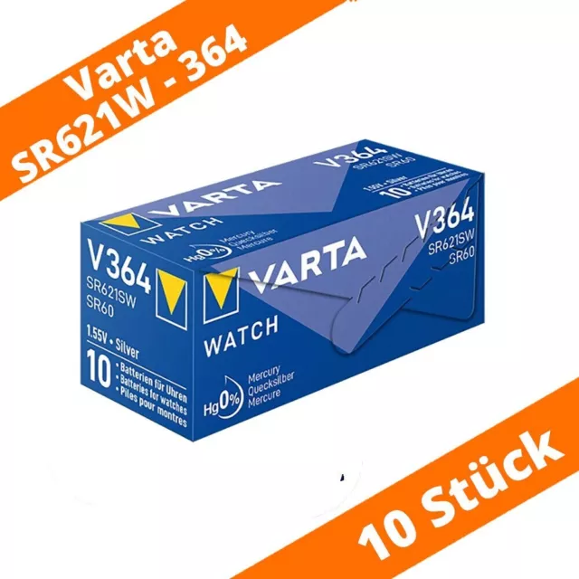 10 x V364 Uhren-Batterie Knopfzelle SR60 SR621SW AG1 VARTA Neu Silberoxid 364