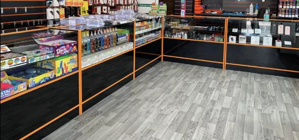 SHOP DISPLAY COUNTERS BLACK & ORANGE GLASS SHELVES RETAIL  2x 1000mm units only