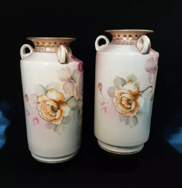 pair of Vintage Nippon Japan Hand Painted Floral Gold Accent Vases 9" Inches 2