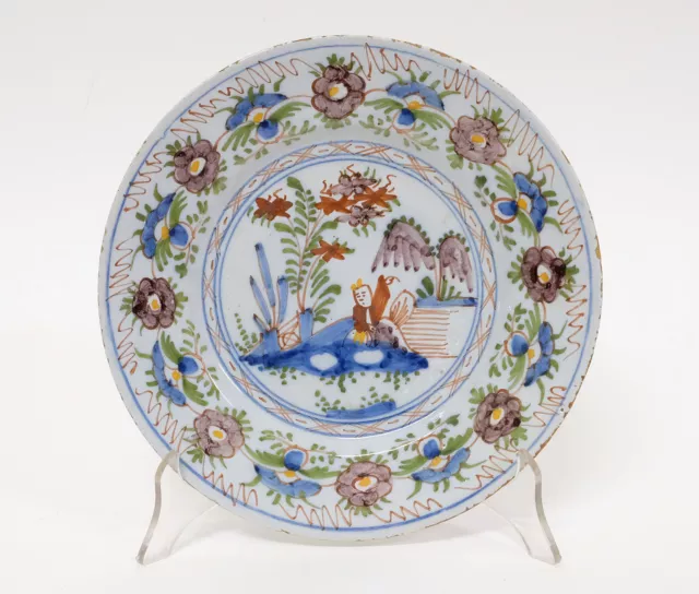 Antique 18thC Dutch Delft Pottery Polychrome Plate Dish