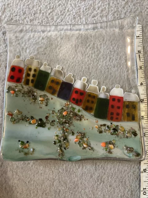 Handmade Fused Glass Whimsical Houses On The Beach  Trinket Dish 8.5 Inch Square