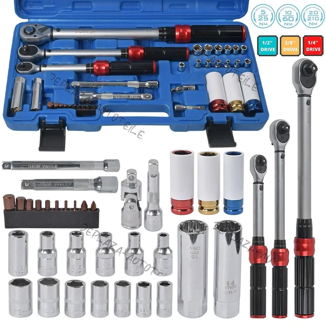 TECPO Drehmomentschlüssel-Set 32-tlg. 1/4" 3/8" 1/2" Mit Bits Stecknuessen Und Zubehoer Fuer 5200 Nm
