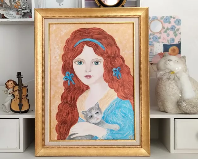 Peinture acrylique "Portrait d'une fille au chaton" sur carton entoilé encadré