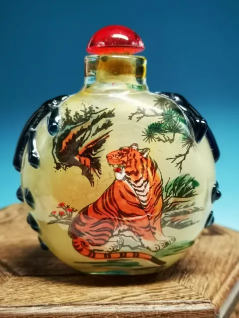 Amazing Old Peking Hand-painted Glaze Ancient Fierce Tiger Snuff Bottle SD4