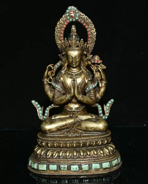 11,2 "Alt Tibet Kupfer 24 Karat Goldvergoldung 4 arme Chenrezig Buddha Statue