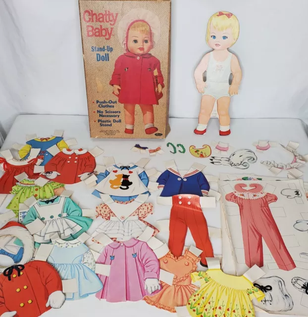 Vtg 60s Chatty Baby Paper Doll Set Clothes Accessories Case Stand Whitman USA