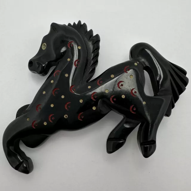 Vintage Carved & Painted Black Bakelite Galloping Horse Brooch