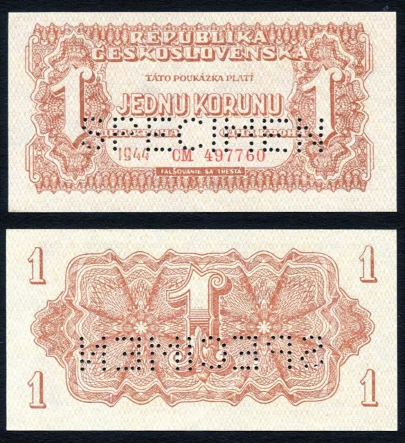 Czechoslovakia 1 korun 1944 Series CM Small Size P45s Perforated Specimen UNC