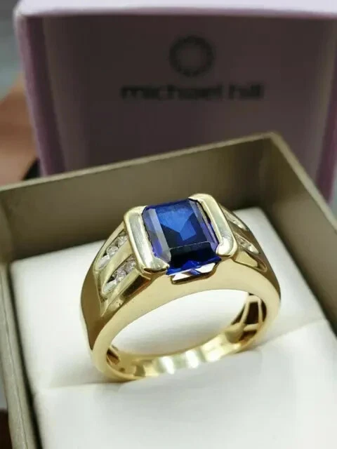 2.00 Ct Natural Blue Sapphire And Men's Diamond Ring In 14k Yellow Gold