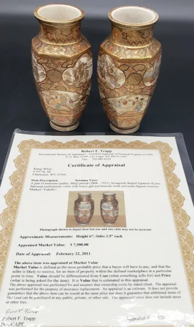 Pair Of Museum Quality Meiji Hexagonal Satsuma Vases With COA Signed FUKUBE ☆☆☆☆