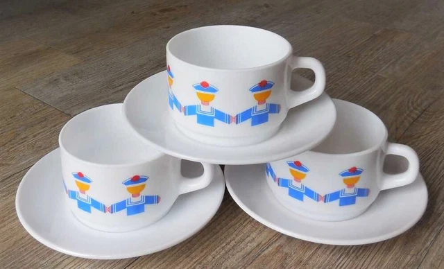 Lot De 3 Tasses Arcopal France Vintage 80's Décor Bord De Mer Marins