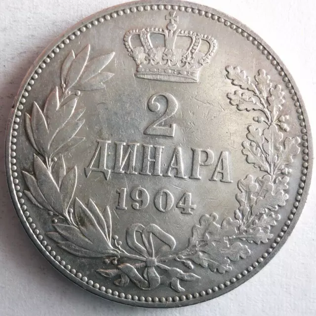 1904 SERBIA 2 DINARA - AU/UNC - VERY Rare High Value Silver Coin - Lot #M21