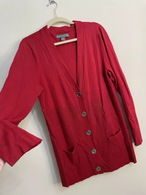 Josephine Chaus Womens Red Cardigan Button Up Sweater Ribbed Long Knit Jacket L 2