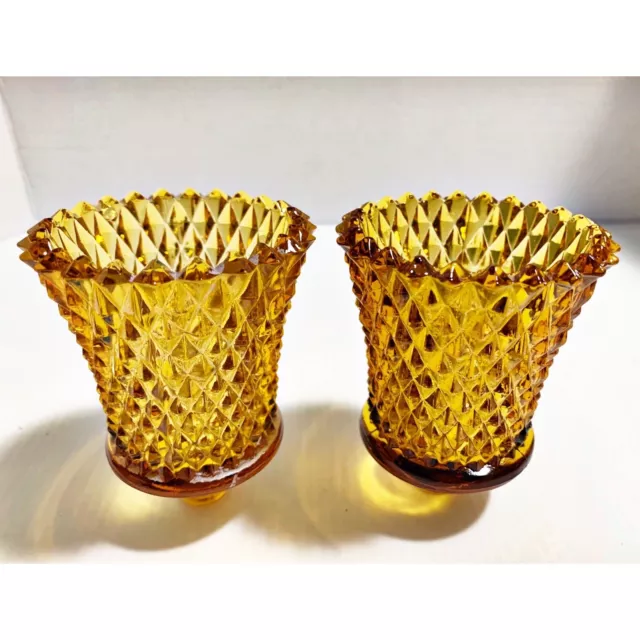 Amber Glass Peg Votive Cup Sconce Candle Holder Diamond Cut Set of 2 Vintage