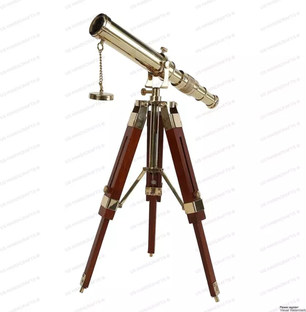 Antique Brass Telescope Tripod Wooden Adjustable Stand For Watch Bird Nautical