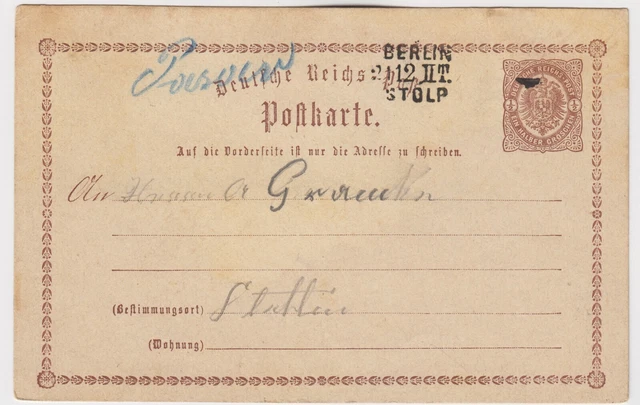 DR GA P1 1874 Bahnpost Berlin - Stolp II. Tour mit hs. Aufgabe