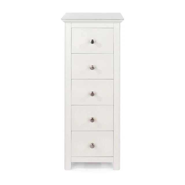 Unità cassettiera in legno bianco stretto 5 cassetti portaoggetti vetro temperato alta