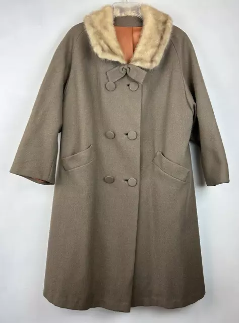 Vtg Monarch NY Sz L Women's Long Coat Brown Real Fur Collar Read