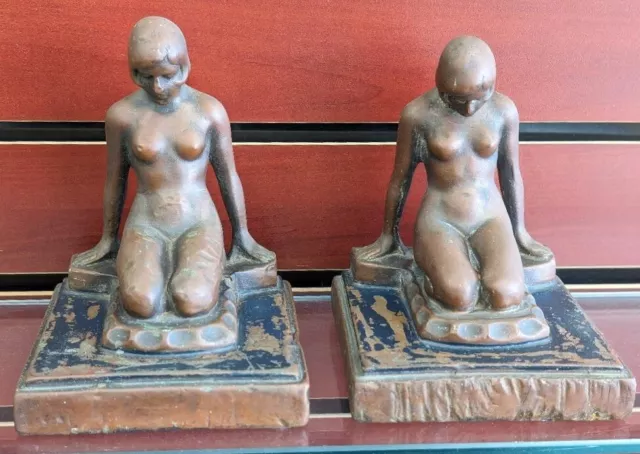 2 Pair Of Antique Art Deco Nude Women Metal Bookends (Bronze/Copper ?) Clad