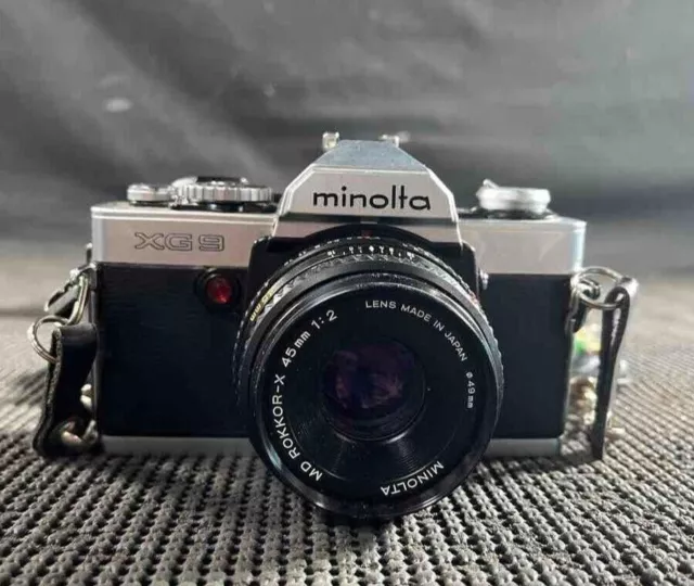 Minolta XG 9 35mm SLR Film Camera with rare 45mm f2 Lens and Nice case too !!!