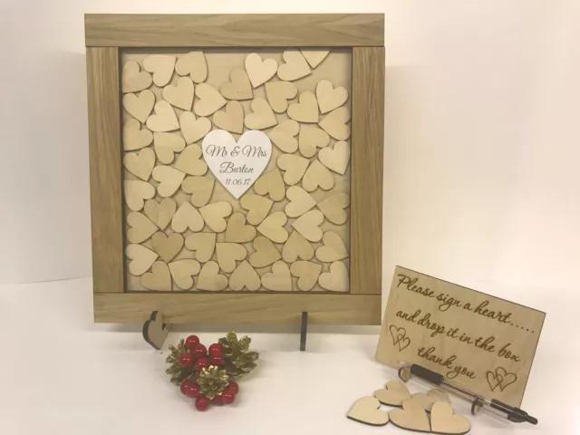 Libro de visitas de boda de madera de roble personalizado caja de gota de corazón 140 corazones regalo