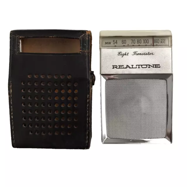 Vtg Realtone 8 Transistor Radio TR-1820 White Silver Handheld Cowhide Case Works