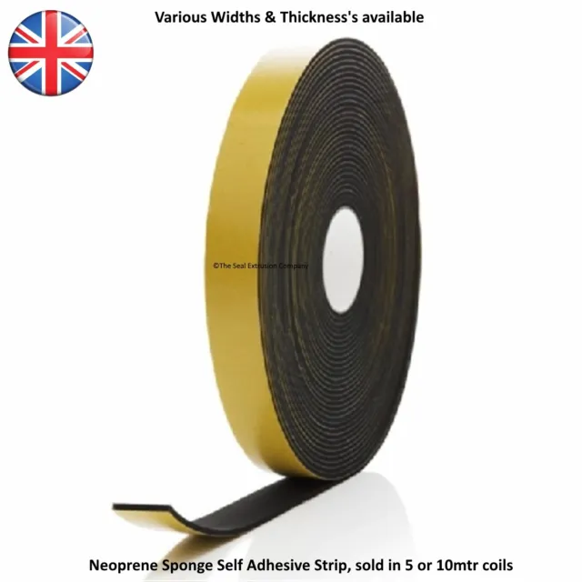 Neoprene Rubber Self Adhesive Sponge Strip - 10 Metre Length - Various Sizes