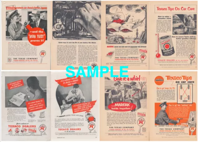 Vintage 1940's and 1950's Texaco Magazine Ads (8 in Total)