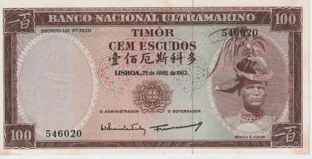 1963 Timor 100 Escudos Banknote - P# 28a - UNC - # 30201