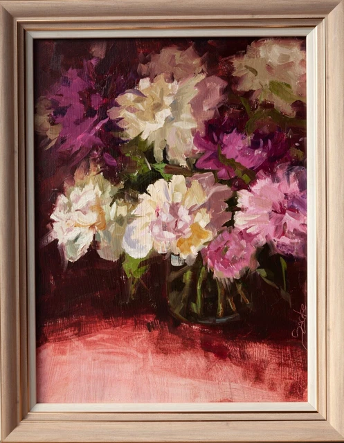 Pittura a olio originale incorniciata, natura morta floreale di peonie,...