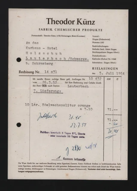 RIELASINGEN, Rechnung 1954, Theodor Künz Fabrik Chemischer Produkte