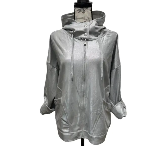 Ralph Lauren Women's Silver Metallic Stretch Hoodie Jacket Relaxed Size XL