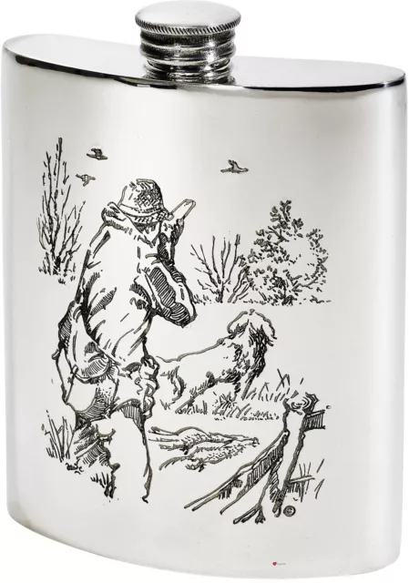 6oz Hip Flask Pewter with Shooting Scene Flask Bright Polished Finish Screw Top