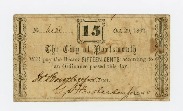 1862 15c The City of Portsmouth, VIRGINIA Note - CIVIL WAR Era