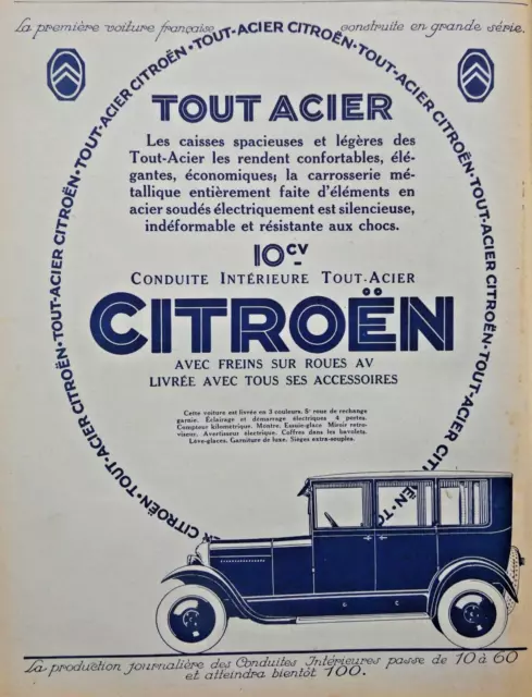 Publicité De Presse 1926 Automobile Citroen 10 Cv Conduite Interieure Tout Acier