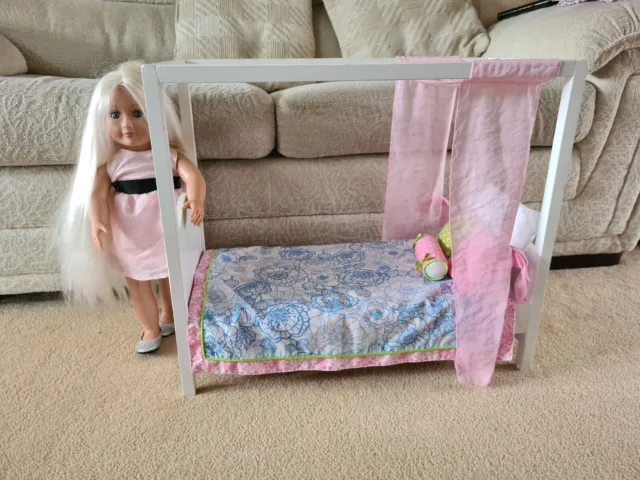 Our Generation Doll with My Sweet Canopy four poster wooden bed with bedding etc