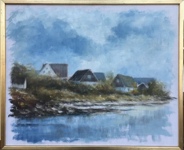 Pintura Al Óleo Impresionista Carl Julius Casas Am Mar Báltico Suecia 54 X 65CM