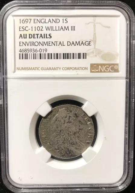 1697 Shilling - Ngc Au Details - Great Britain -Esc-1102 - Silver - William Iii