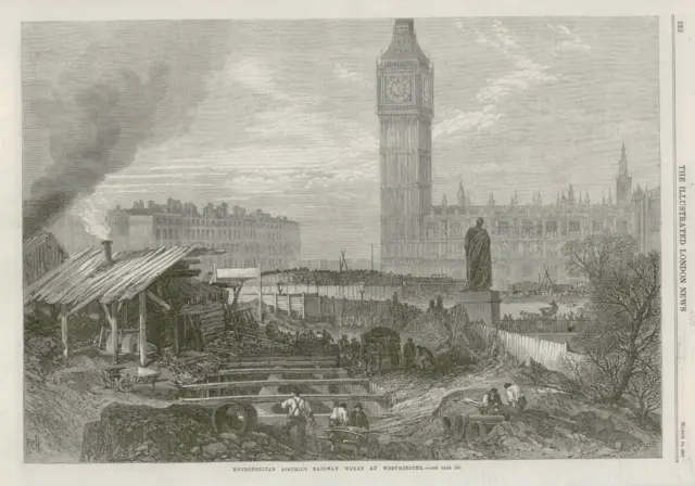 1867 Antique Print - LONDON WESTMINSTER METROPOLITAN DISTRICT RAILWAY WORKS (203